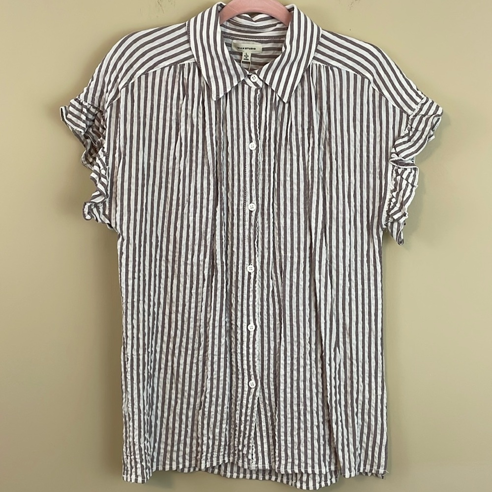 Max Studio White and Gray Striped Button-Front Blouse
